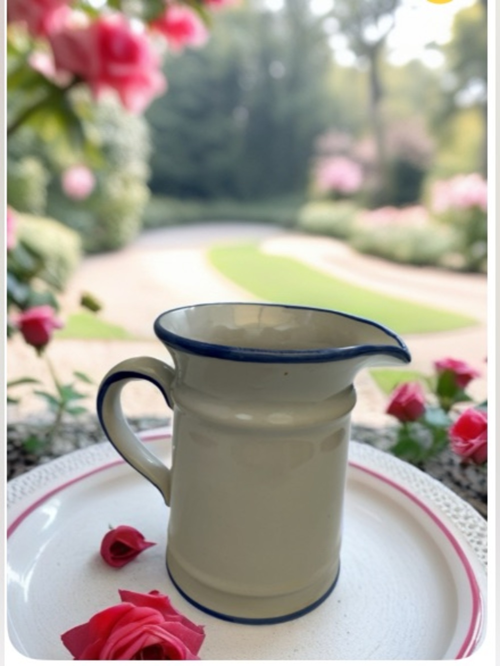 Cream Enamel Pitcher with Navy Rim watering plate size 5x7  Ceramic Pitcher